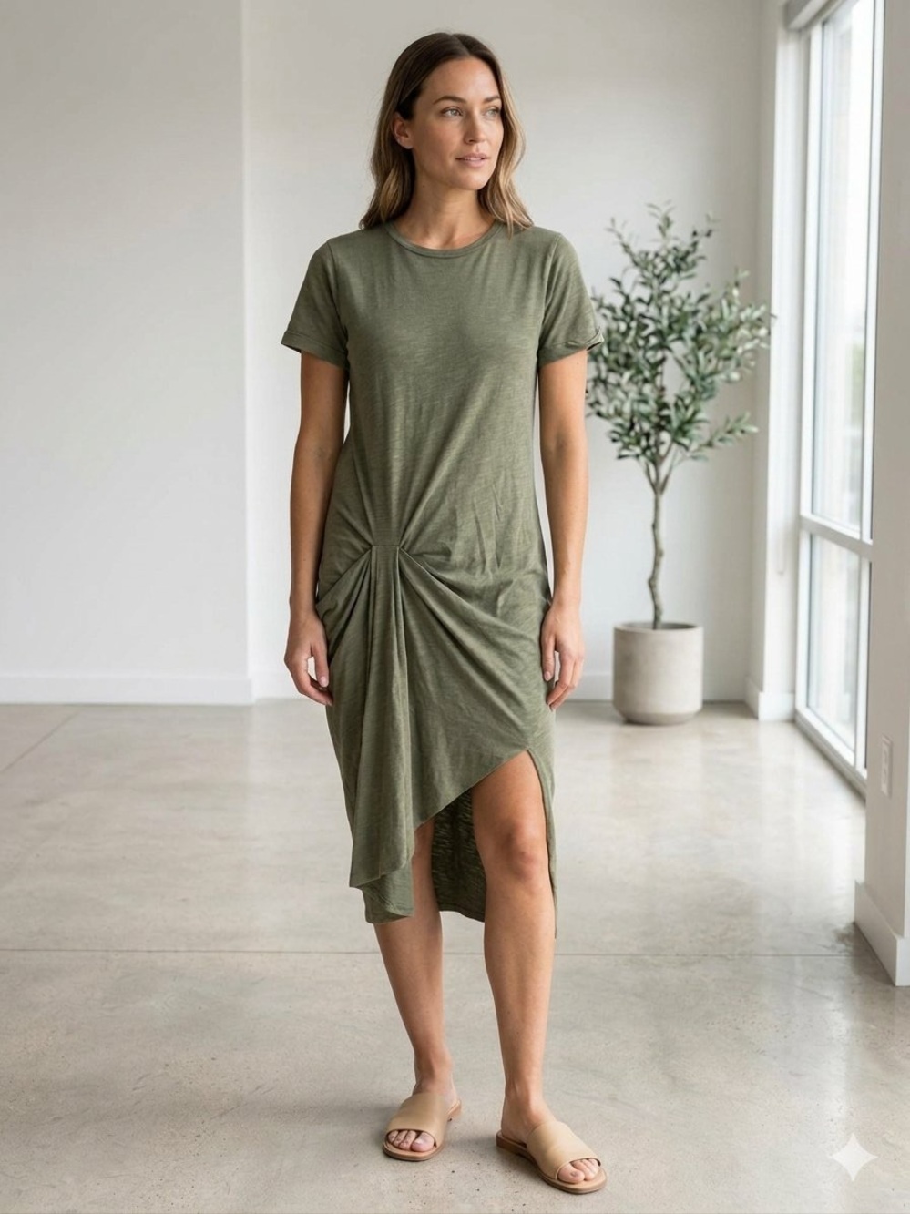 Mustard Seed Olive Short Sleeve Midi Dress with Twist Detail